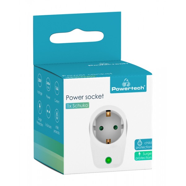 POWERTECH αντάπτορας ρεύματος PT-996, 1 θέση schuko, 16A, 3680W, λευκός - Πολύπριζα Ρεύματος
