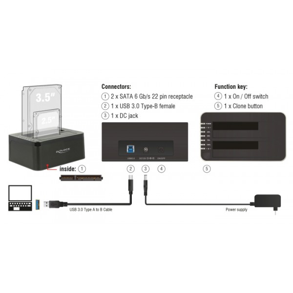 DELOCK docking station για 2.5" ή 3.5" SATA HDD/SSD 62661, 2 θέσεων, 6Gbps, clone function, μαύρο