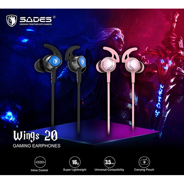 SADES gaming earphones Wings 20 με μικρόφωνο, 3.5mm, Φ12mm, 1.2m, ροζ - Sades