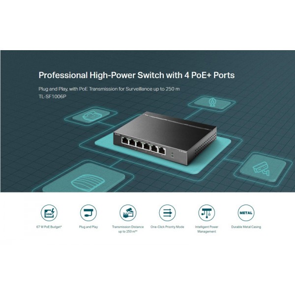 TP-LINK desktop switch TL-SF1006P, 6-Port 10/100Mbps, 4x PoE+, Ver. 1.0 - tp-link