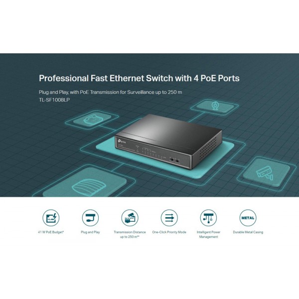 TP-LINK desktop switch TL-SF1008LP, 8-Port 10/100Mbps, 4x PoE, Ver. 2.0 - tp-link