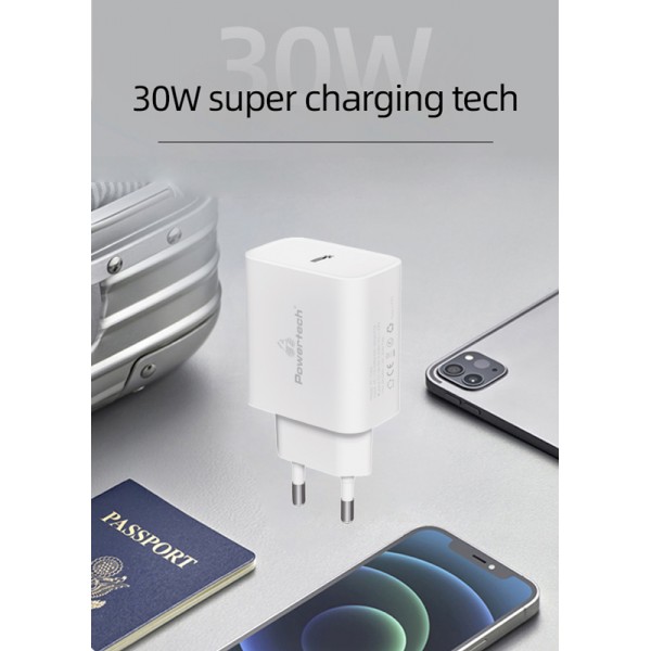 POWERTECH φορτιστής τοίχου PT-1043, USB-C, PD QC3.0, 30W, λευκός - Αξεσουάρ Κινητών