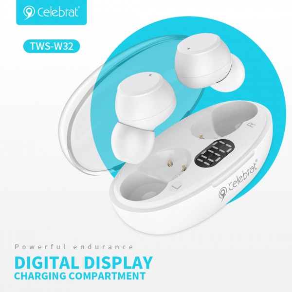 CELEBRAT earphones με θήκη φόρτισης TWS-W32, True Wireless, Φ8mm, μαύρα - CELEBRAT