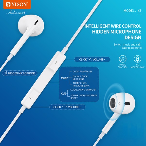 YISON earphones με μικρόφωνο X7, Lightning σύνδεση, Φ14mm, 1.2m, λευκά - YISON
