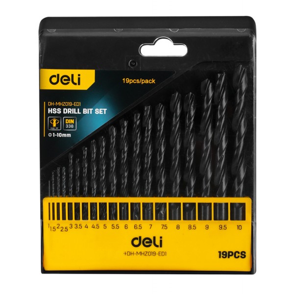 DELI σετ τρυπάνια DH-MHZ019-ED1 για σίδηρο HSS, 1-10mm, DIN 338, 19τμχ - DELI