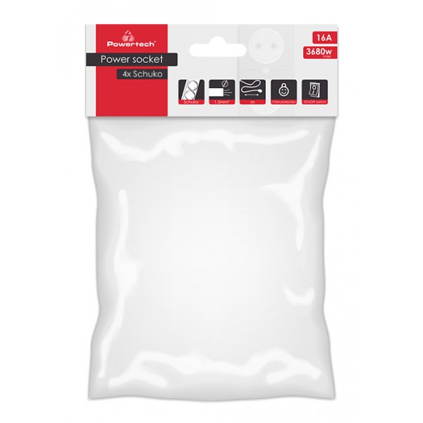 POWERTECH πολύπριζο ασφαλείας PT-1056, 4x schuko, 16A, 1.4m, λευκό - Πολύπριζα Ρεύματος