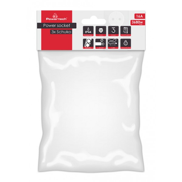POWERTECH πολύπριζο PT-1070, 3x schuko, IP44, 16A, 1.5m, μαύρο - Πολύπριζα Ρεύματος
