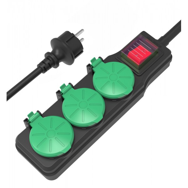 POWERTECH πολύπριζο PT-1070, 3x schuko, IP44, 16A, 1.5m, μαύρο - Πολύπριζα Ρεύματος