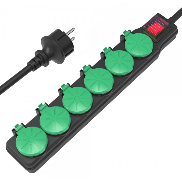 POWERTECH πολύπριζο PT-1071, 6x schuko, IP44, 16A, 1.5m, μαύρο - Πολύπριζα Ρεύματος