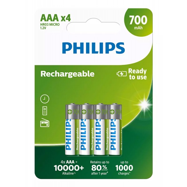 PHILIPS επαναφορτιζόμενη μπαταρία R03B4A70, 700mAh, AAA HR03 Micro, 4τμχ - Μπαταρίες Επαναφορτιζόμενες