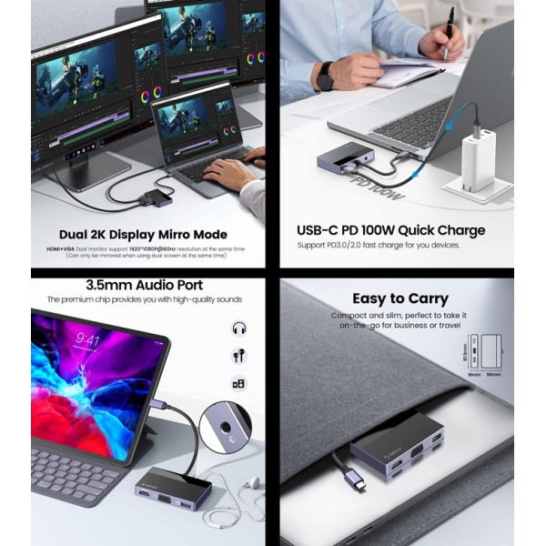 ORICO docking station DM-5P, 5 θυρών, USB-C σύνδεση, 100W PD, 4K, μαύρο - ORICO
