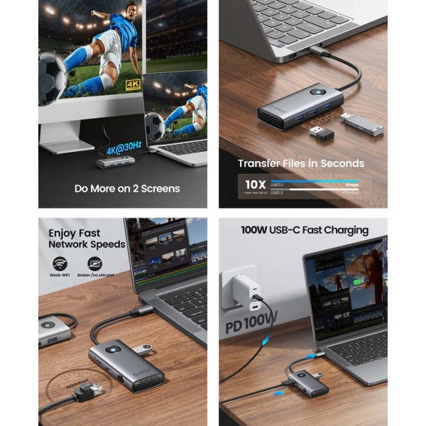 ORICO docking station PW11-6PR, 6 θυρών, USB-C σύνδεση, 100W PD 4K, γκρι - ORICO