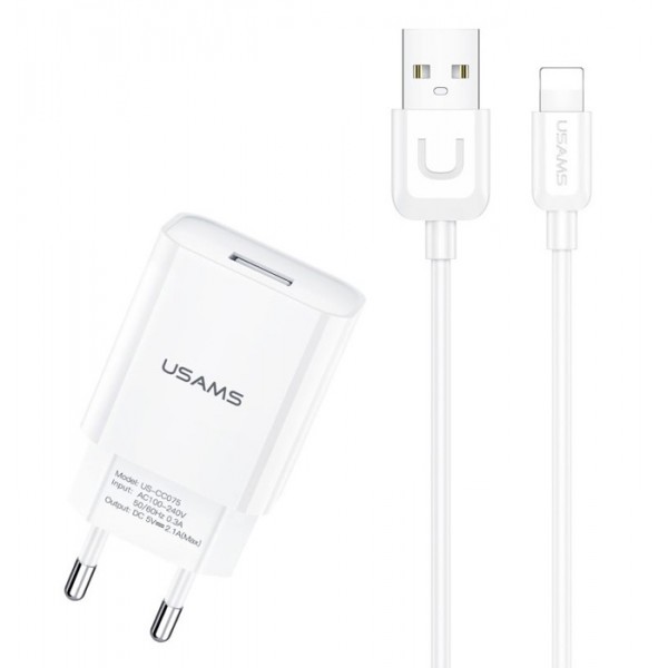 USAMS φορτιστής τοίχου T21OCLN01 με καλώδιο Lightning, USB 2.1A, λευκός - Αξεσουάρ Κινητών