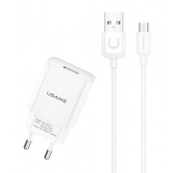 USAMS φορτιστής τοίχου T21OCMC01 με καλώδιο Micro USB, USB 2.1A, λευκός - Αξεσουάρ Κινητών