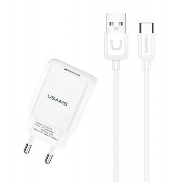 USAMS φορτιστής τοίχου T21OCTC01 με καλώδιο USB-C, USB 2.1A, λευκός - Αξεσουάρ Κινητών
