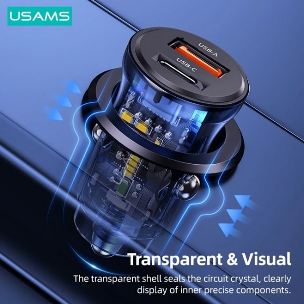 USAMS φορτιστής αυτοκινήτου US-CC164, USB & USB-C, 30W, μαύρος - Αξεσουάρ Κινητών