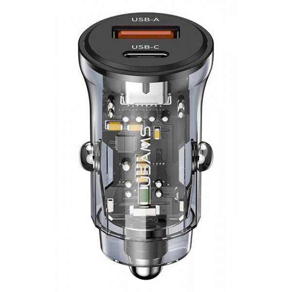 USAMS φορτιστής αυτοκινήτου US-CC164, USB & USB-C, 30W, μαύρος - Αξεσουάρ Κινητών