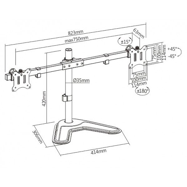 BRATECK βάση γραφείου για 2x οθόνες LDT57-T02, 17-32", έως 9kg