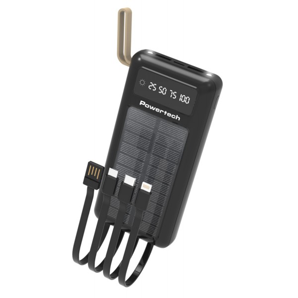 POWERTECH ηλιακό power bank PT-1084 με καλώδια & οθόνη, 20000mAh, μαύρο - Power Bank