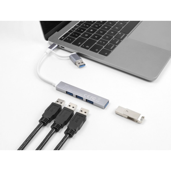 DELOCK USB hub 64214, 4x θυρών, 5Gbps, USB & USB-C σύνδεση, γκρι - DeLock