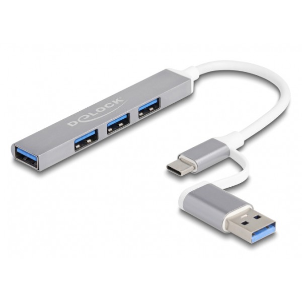 DELOCK USB hub 64214, 4x θυρών, 5Gbps, USB & USB-C σύνδεση, γκρι - DeLock