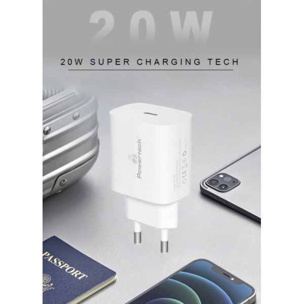 POWERTECH φορτιστής τοίχου PT-1091, USB-C, PD 20W, λευκός - Αξεσουάρ Κινητών