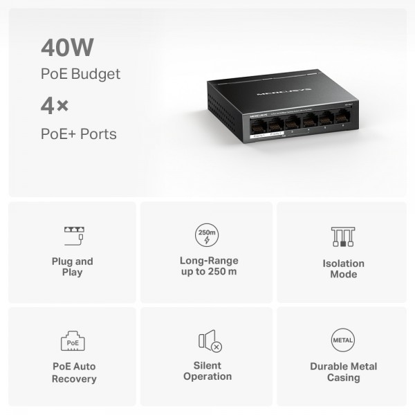MERCUSYS Desktop Switch MS106LP, 6x 10/100 Mbps, PoE+, Ver. 1.0 - Switches