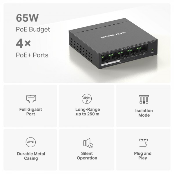 MERCUSYS Desktop Switch MS105GP, 5x 10/100/1000 Mbps, PoE+, Ver. 1.0 - Switches