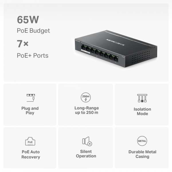 MERCUSYS Desktop Switch MS108GP, 8x 10/100/1000 Mbps, PoE+, Ver. 1.0 - Switches