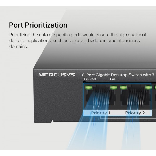 MERCUSYS Desktop Switch MS108GP, 8x 10/100/1000 Mbps, PoE+, Ver. 1.0