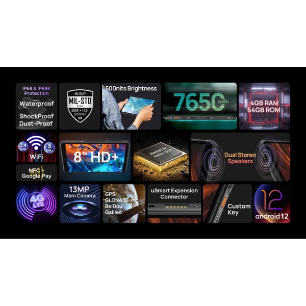 ULEFONE tablet Armor Pad, 8", 4/64GB, 7650mAh, IP68/IP69K, 4G, μαύρο - ULEFONE