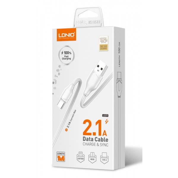 LDNIO καλώδιο USB-C σε USB LS371, 2.1A, 1m, λευκό