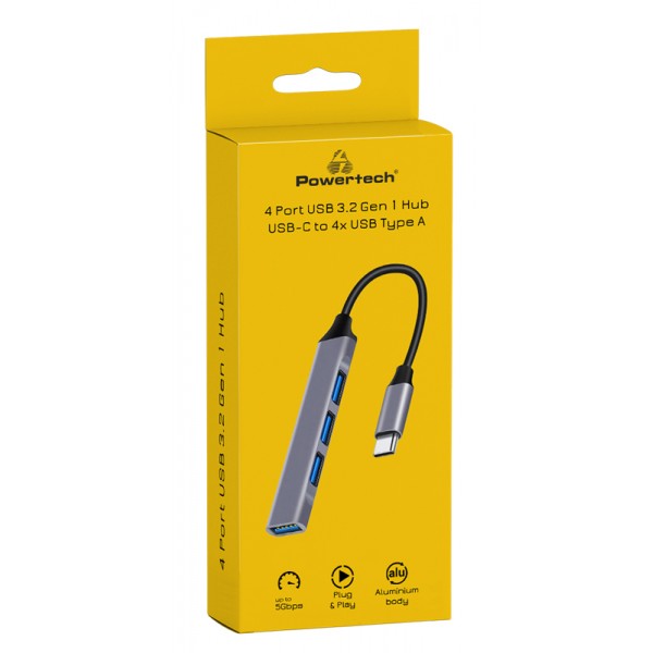 POWERTECH USB hub PT-1113, 4x θυρών, 5Gbps, USB-C σύνδεση, γκρι - Συνοδευτικά PC