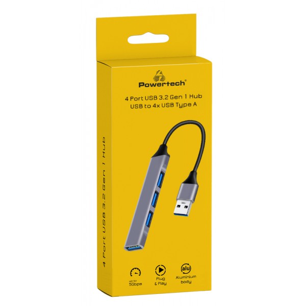 POWERTECH USB hub PT-1114, 4x θυρών, 5Gbps, USB σύνδεση, γκρι - Συνοδευτικά PC
