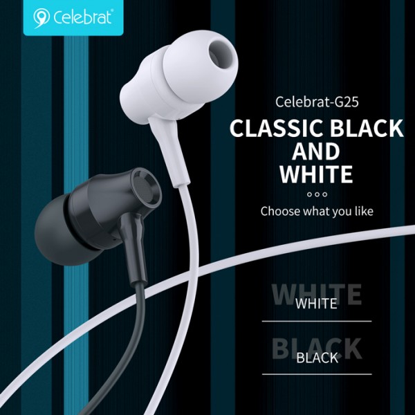 CELEBRAT earphones με μικρόφωνο G25, 3.5mm σύνδεση, Φ10mm, 1.2m, λευκά - CELEBRAT