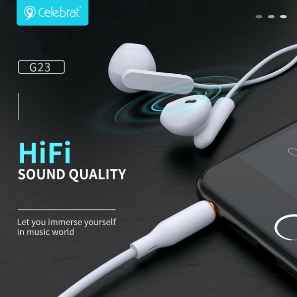 CELEBRAT earphones με μικρόφωνο G23, 3.5mm σύνδεση, Φ14mm, 1.2m, λευκά - CELEBRAT