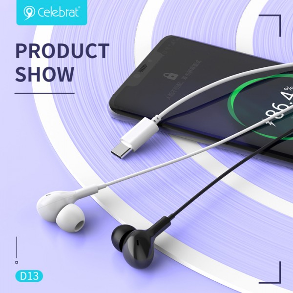 CELEBRAT earphones με μικρόφωνο D13, USB-C σύνδεση, Φ10mm, 1.2m, λευκά - CELEBRAT