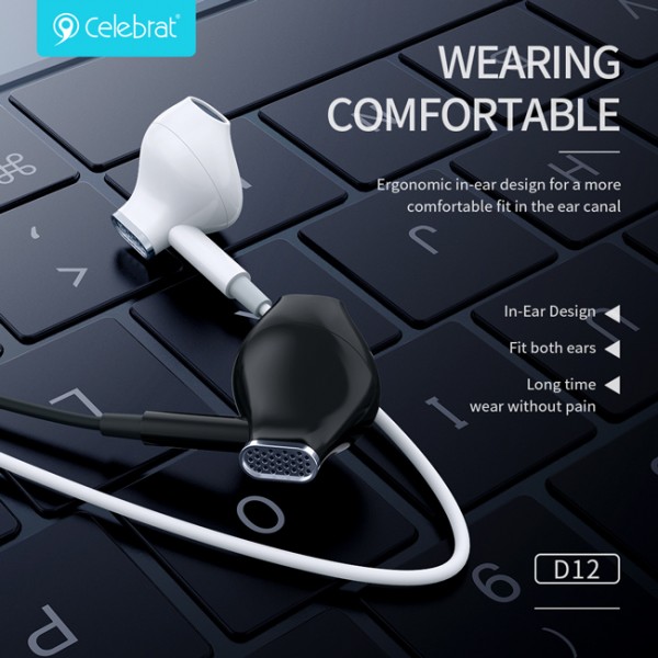 CELEBRAT earphones με μικρόφωνο D12, USB-C σύνδεση, Φ14.2mm, 1.2m, λευκά - CELEBRAT