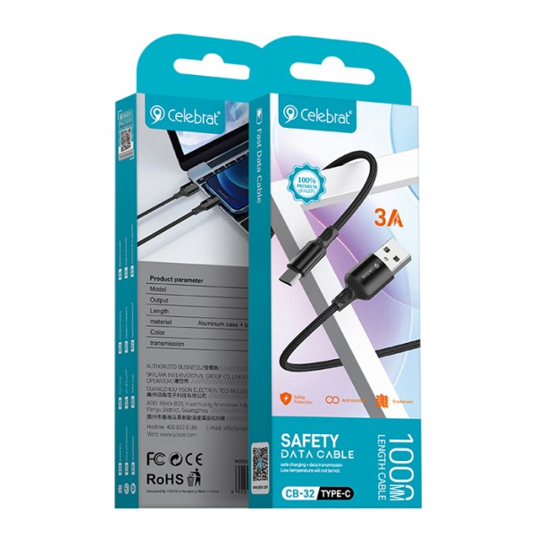 CELEBRAT καλώδιο USB-C σε USB CB-32, 3A, 1m, μαύρο