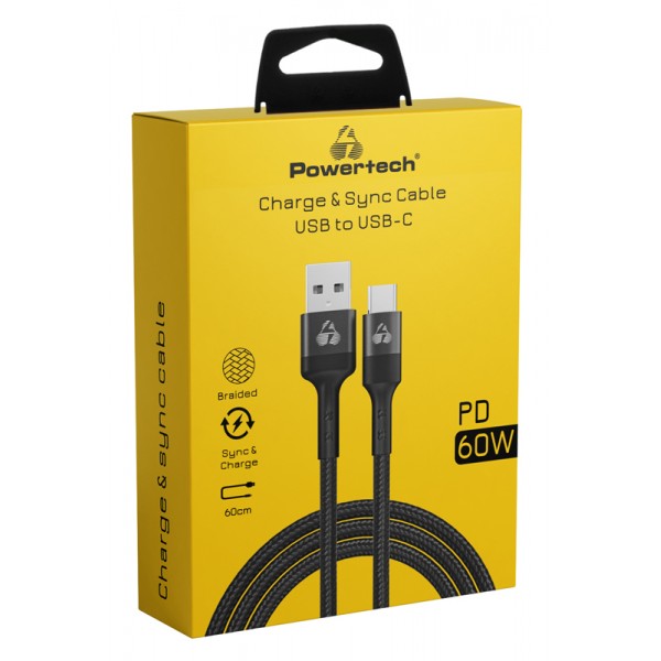 POWERTECH καλώδιο USB σε USB-C PTR-0129, PD 60W, copper, 60cm, μαύρο - Powertech
