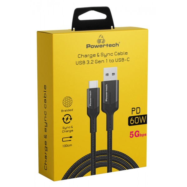 POWERTECH καλώδιο USB σε USB-C PTR-0134 PD 60W, 5Gbps, copper, 1m, μαύρο - Powertech