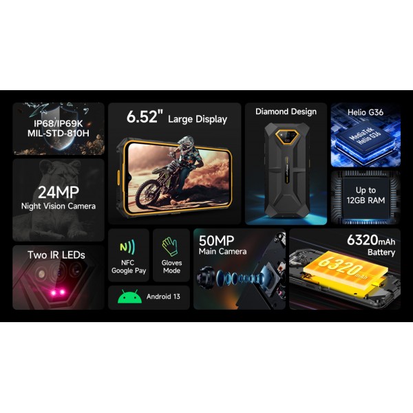 ULEFONE smartphone Armor X13, 6.52", 6/64GB, 6320mAh, IP68/IP69K, μαύρο - ULEFONE