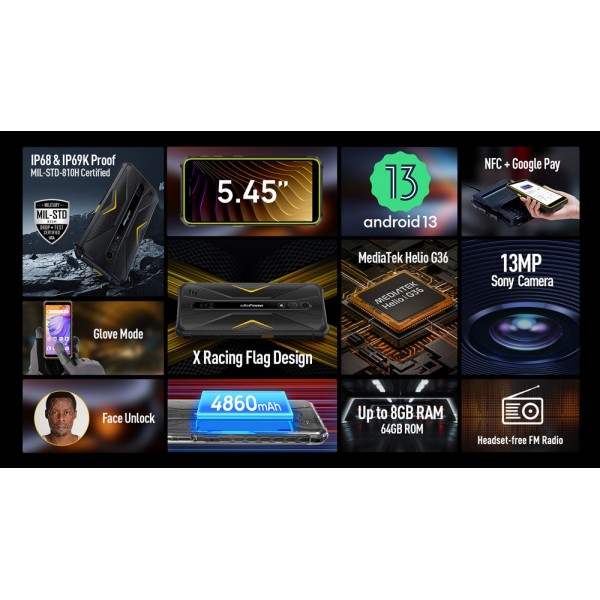 ULEFONE smartphone Armor X12 Pro, 5.45", 4/64GB, 4860mAh, IP68/IP69K, μαύρο - ULEFONE