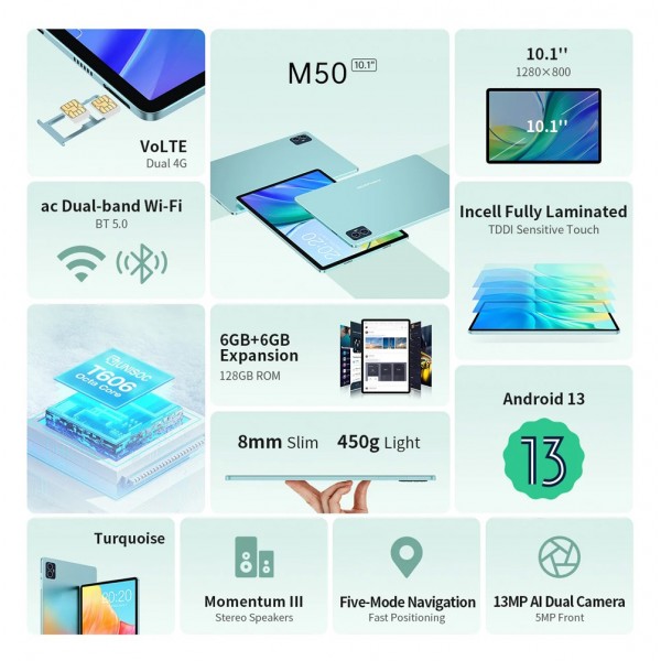 TECLAST tablet M50, 10.1" HD, 6/128GB, Android 13, 4G, 6000mAh, μπλε - Tablet - Parts