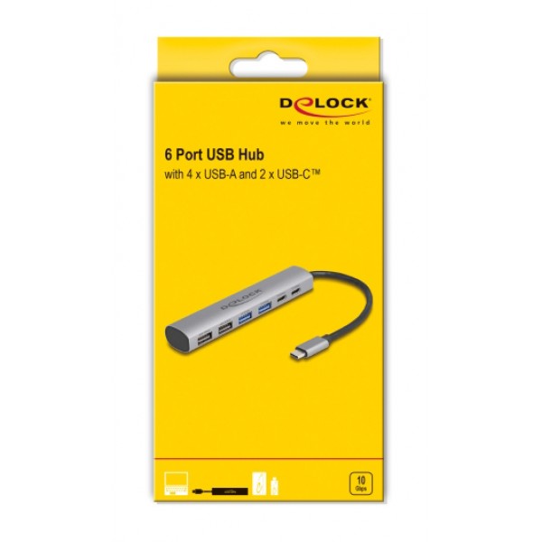 DELOCK USB hub 64232, 6x θυρών, 10Gbps, USB-C σύνδεση, γκρι