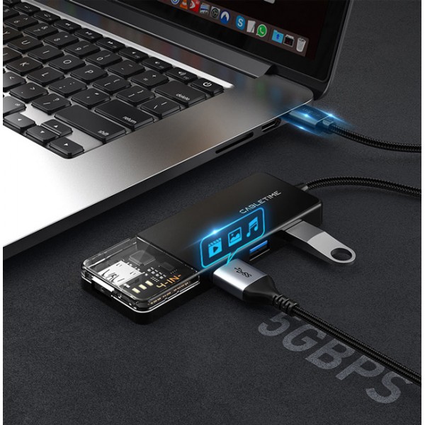 CABLETIME USB hub CT-HUBT2-PB, 4x θυρών, 5Gbps, 1m, μαύρο - CABLETIME
