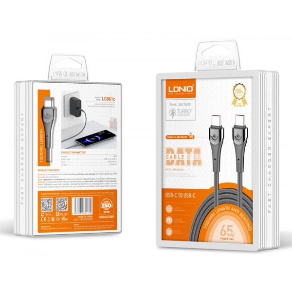 LDNIO καλώδιο USB-C σε USB-C LC861C, 65W PD, 1m, γκρι