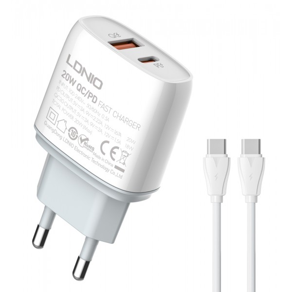 LDNIO φορτιστής τοίχου Q229 με καλώδιο, USB & USB-C, 20W PD, λευκός - Φορτιστές Κινητών