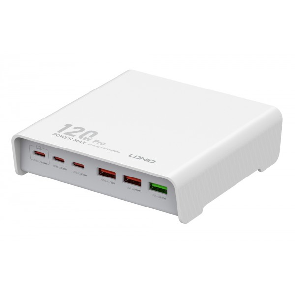 LDNIO σταθμός φόρτισης Q605, 3x USB-C & 3x USB, 120W, PD/QC, λευκός - Mobile