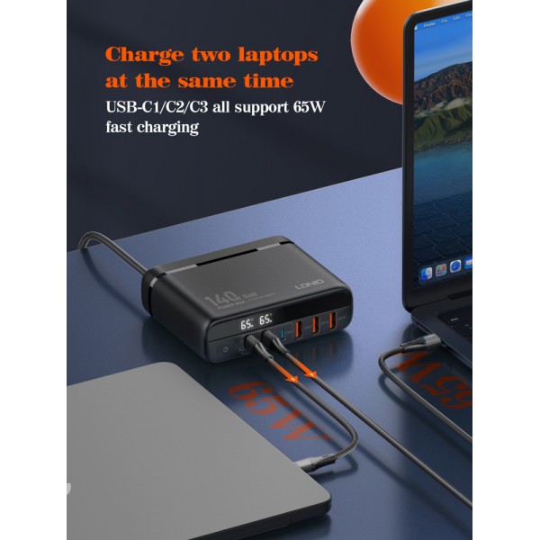 LDNIO σταθμός φόρτισης A6140C, 3x USB-C/3x USB, 140W, PD/QC, GaN, μαύρος - Φορτιστές Κινητών